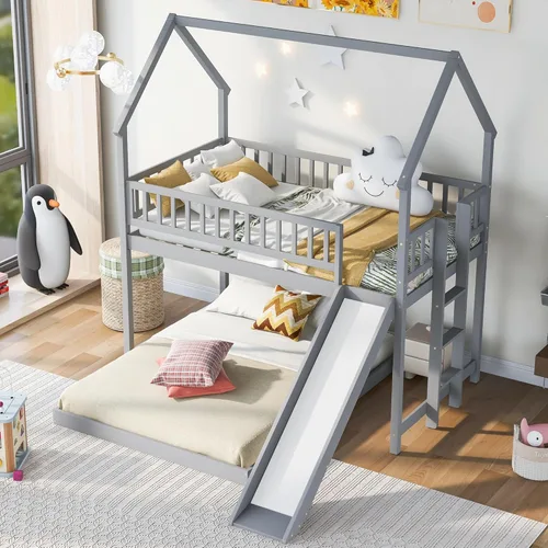 Vista 226 de Cama de casa de tamaño individual con elegantes ventanas y estantería, litera con diseño de castillo de madera con barandillas de seguridad