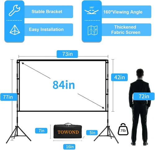 Vista 5 de TOWOND Pantalla de proyector con soporte, pantalla de proyector para exteriores de 84 pulgadas, pantalla de proyección portátil para interiores