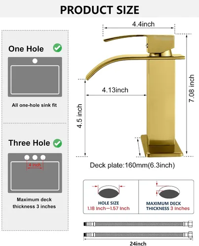 Vista 15 de Midanya - Grifo de baño con cascada de 1 agujero, sin drenaje, oro cepillado with 24” cUPC Hoses,Deck Plate,for 1 or 3 hole