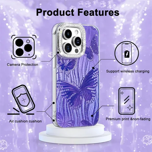 Vista 312 de I-MGAE-IN-AR - Funda diseñada para iPhone 12 y 12 Pro, diseño de mariposa plateada brillante, funda protectora de poliuretano termoplástico, suave