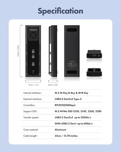 Vista 8 de HIMARS M.2 NVMe SSD Disipador de calor 20Gbps Dock externo con ventilador de enfriamiento, soporta llave M y llave B+M (US-2630)