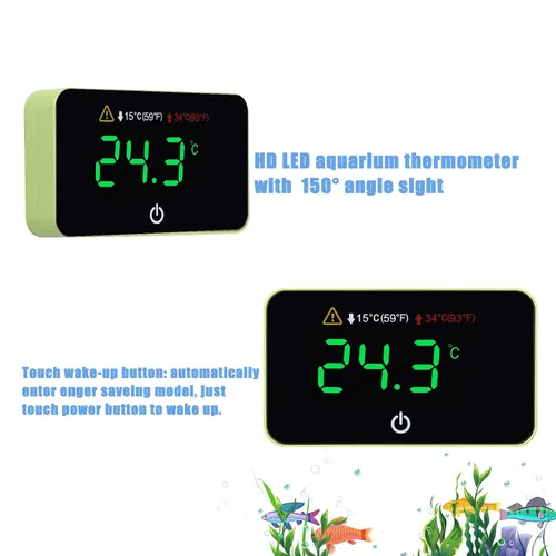 Vista 2 de Termómetro digital para acuario con pantalla táctil LED, termómetro adhesivo para tanque de peces Betta Tanks, alarma de temperatura HI/LO, sensor
