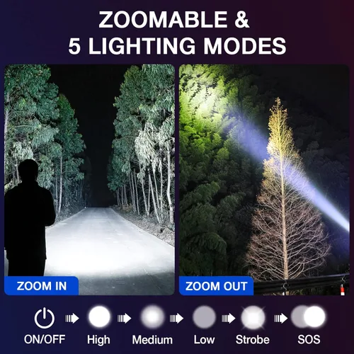 Vista 4 de RECHOO Paquete de 2 linternas LED de alta luminosidad - 5 modos, con zoom, impermeable y súper brillante, linterna táctica para acampar, senderismo