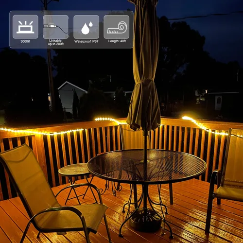 Vista 7 de Cuerda de luces LED de 40 pies para exteriores, color blanco cálido, conectable, impermeable, 110 V, 432 LED, flexible, para pasillos, patios