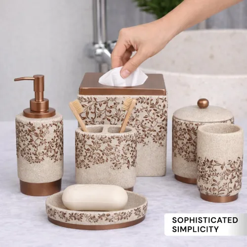 Vista 5 de Decozen Juego de accesorios de baño, 6 piezas, dispensador de jabón, soporte para cepillos de dientes, vaso, jabonera y tarro de hisopo de algodón