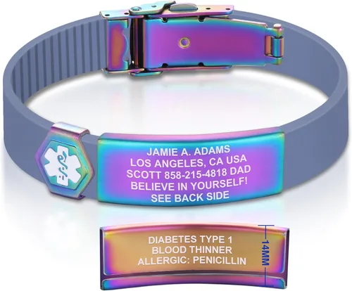 Vista 28 de Divoti Pulsera de identificación de alerta médica grabada personalizada, grabado láser de doble cara (hasta 9 líneas), pulsera de silicona ajustable