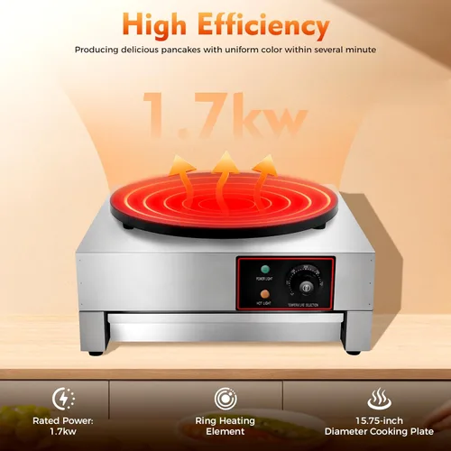 Vista 4 de Máquina eléctrica comercial de panqueques de 16 pulgadas, sartén antiadherente de acero inoxidable 430 de 1700 W, ajustable, 122.0-572.0 °F
