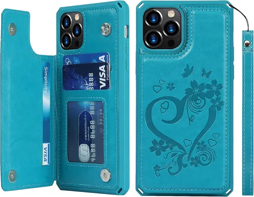 Vista 11 de iCoverCase Compatible con iPhone 12/12 Pro Wallet Funda para teléfono con tarjetero para mujer, bloqueo RFID en relieve de piel sintética con correa