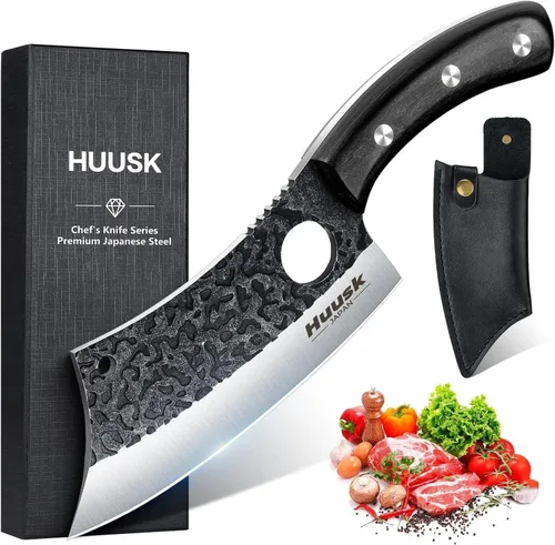 Huusk Knives Japón, cuchillo de carnicero forjado a mano con funda, cuchillo de cocina de acero de alto carbono para carne y verduras, cuchillo de