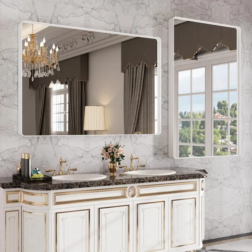 Vista 3 de Espejo de tocador de baño blanco de 48 x 32 pulgadas, espejo rectangular redondeado blanco mate para pared, espejo de marco mate blanco para baño
