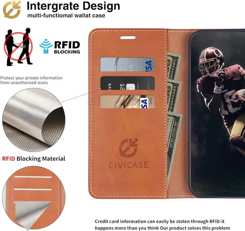 Vista 3 de Funda tipo cartera para Samsung Galaxy A13 5G, funda de cuero con tapa con bloqueo RFID, soporte para tarjetas de crédito, soporte magnético