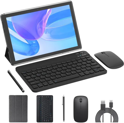 Tableta Android 14 Tabletas 2 en 1 de 10 Pulgadas Tableta con Teclado, Ratón, Estuche, Lápiz Capacitivo, 10.1" Tab, 8GB+64GB, Soporte de Expansión
