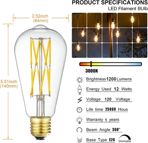 Vista 2 de Bombilla LED Edison regulable de 12 W, 3000 K, blanco suave, 1200 lm, base media E26 equivalente a 100 W, bombillas LED vintage ST64, ángulo de haz