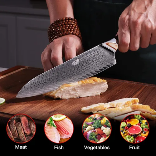 Vista 6 de FINDKING Nebula Series - Cuchillo de chef con funda de ABS, cuchillo gyuto japonés multiusos, hoja de acero Damasco 10Cr15CoMov, mango de resina