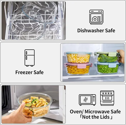 Vista 3 de 8 piezas de recipientes redondos de vidrio con tapas herméticas, juego de recipientes de almacenamiento de vidrio de 4 tazas, recipientes