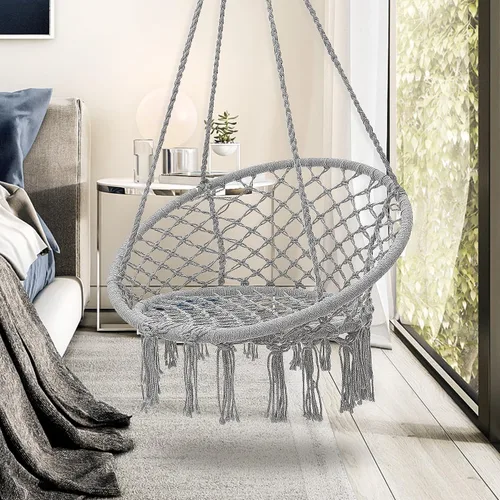 Vista 11 de Garpans Hamaca de macramé, estilo bohemio, hamaca con borlas, columpio colgante hecha a mano, cuerda de algodón tejida a mano para interiores y Beige