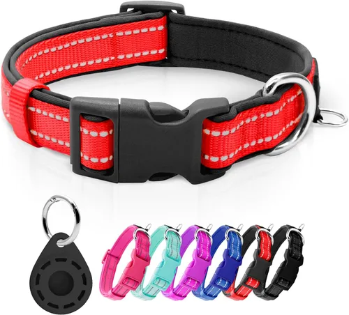 Vista 7 de azuza Collar reflectante para perro, collar acolchado de neopreno suave para mascotas con anillo de etiqueta de identificación, ajustable