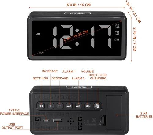 Vista 2 de KESYOO Modern LED Wood Grain Alarm Clock with RGB Mood Lighting Manual DST Adjustment Digital Display for Bedroom and Office Tabletop Stylish