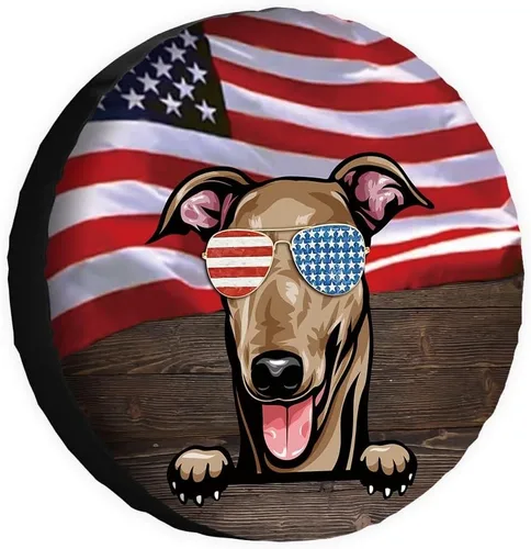 Vista 16 de Cubierta de llanta de repuesto para perro, lapphund finlandés con gafas de sol, bandera estadounidense, fundas protectoras de ruedas a prueba