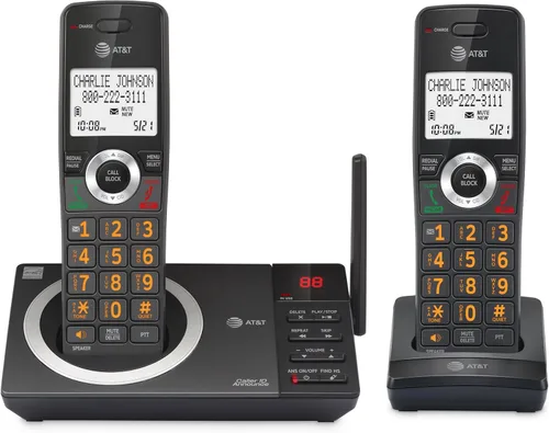 Vista 24 de AT&T DECT 6.0 Teléfono doméstico con cable/inalámbrico con 2 auriculares y contestador automático, bloqueador inteligente de llamadas, identificador