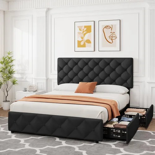 Vista 8 de IDEALHOUSE - Base de cama tamaño matrimonial con 4 cajones de almacenamiento y cabecera ajustable, camas con plataforma tapizada en lino, botones