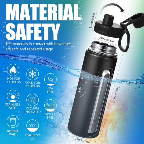 Vista 4 de Paquete de 8 botellas de agua deportivas de acero inoxidable de 22 onzas, botella aislada negra, botella de boca ancha al vacío, con tapa