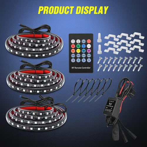 Vista 9 de Nilight Juego de 3 tiras de luz RGB de 60 pulgadas para cama de camión, 270 LED de neón de acento con control remoto RF, interruptor de encendido