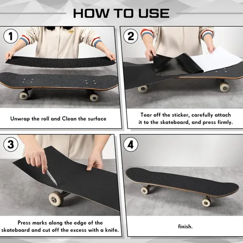 Vista 4 de 4 piezas de cinta de agarre para patineta de 9 x 33 pulgadas, cinta antideslizante de color negro, cinta de agarre para patineta para adultos