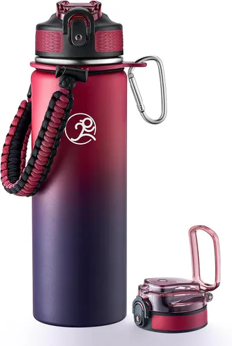 Vista 21 de GOSWAG Botella de agua deportiva aislada, 24 onzas, 2 tapas (con pajilla / sin pajilla), botellas de agua de acero inoxidable con mango