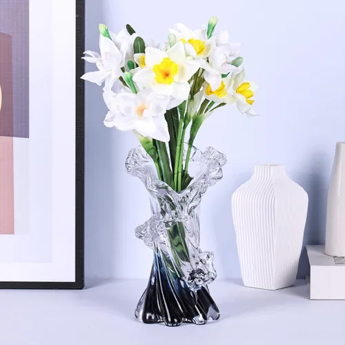 Vista 5 de Jarrón de vidrio azul soplado a mano, arte único, hermoso jarrón de cristal oceánico para centro de mesa del hogar, mesa auxiliar, sala de estar