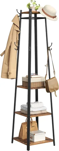 VASAGLE Perchero, Soporte para abrigos con 3 estantes, árbol de pasillo independiente con ganchos para bufandas, bolsos, paraguas, marco de acero,