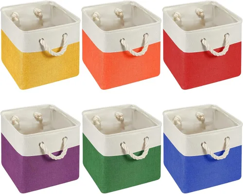 Vista 14 de Geiserailie 6 cubos de almacenamiento de tela de 11 x 11 pulgadas, canastas plegables con asas de transporte resistentes, cestas de mimbre