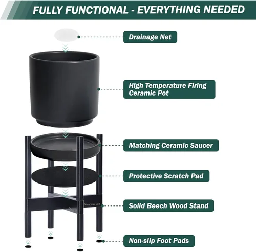Vista 5 de D'vine Dev Maceta de cerámica con soporte de ébano – Maceta redonda moderna de 8 pulgadas con soporte para maceta de madera, color negro, 55-B-M-2