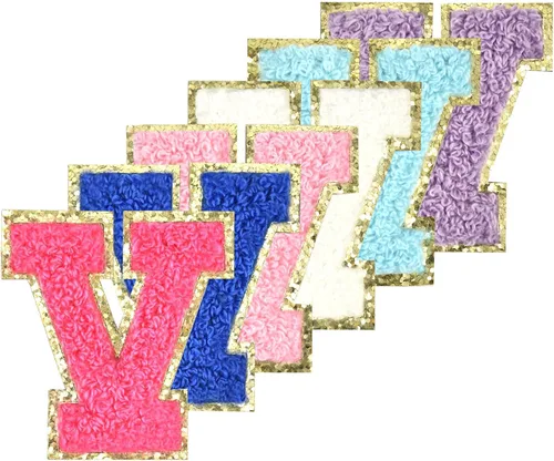 Vista 28 de 6 piezas de parches de letras de chenilla autoadhesivas con purpurina para planchar, parches de letras universitarias estilo preppy, letras difusas