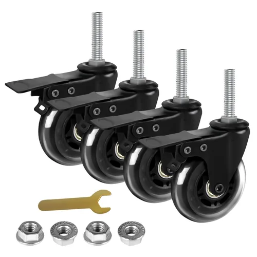 Ruedas giratorias de 3 pulgadas con bloqueo doble de seguridad, vástago roscado resistente, ruedas de 3/8 a 16 x 1.5 pulgadas, ruedas de goma