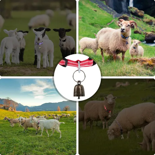 Vista 5 de Paquete de 5 collares reflectantes de cabra con campanas, juego de collar de nailon ajustable y campanas de cobre para pastoreo de caballo, oveja