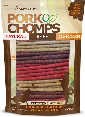 Vista 8 de Pork Chomps Masticables para perros, 5 pulgadas, 50 unidades, sabores variados: cerdo asado, pollo y tocino, golosinas de larga duración