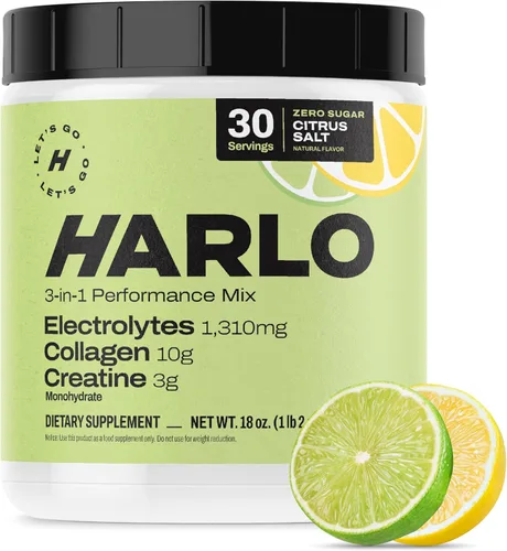 Harlo Electrolitos en polvo 3 en 1 con colágeno y creatina, hidratación, apoyo muscular y articular | Certificado NSF | Cero azúcar | Cítricos (lima