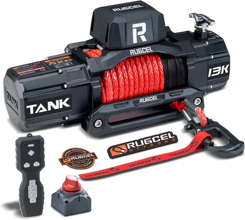 RUGCEL WINCH 13,500 lb Nueva cabrestante eléctrica impermeable con cuerda sintética de 12 V con pasacabos Hawse, control remoto infrarrojo 2 en 1,
