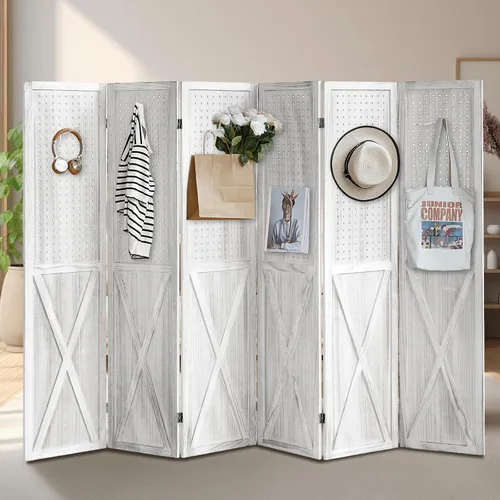 Vista 12 de Divisor de Habitación de Madera con Tablero Perforado de 4 Paneles, Pantalla de Privacidad Plegable con Exhibidor de Tablero Perforado de 5.6 Pies