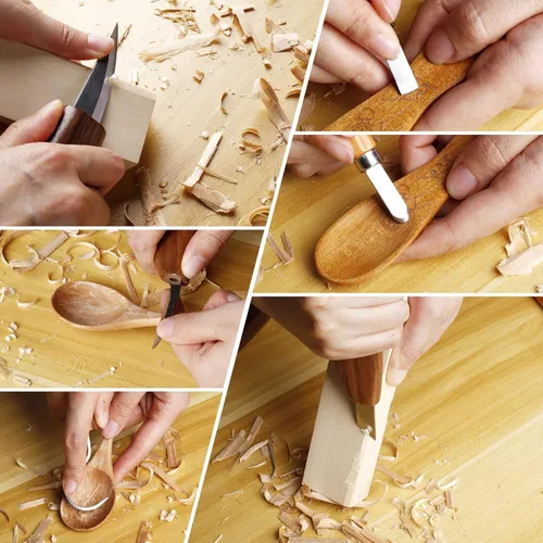 Vista 7 de Kit de tallado de madera 26 en 1 con detalle cuchillo de tallado de madera, cuchillo de tallar, cuchillo de cincel de madera, guantes, afilador