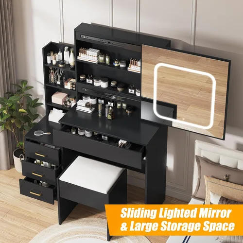 Vista 3 de GarveeLife Vanity Desk with Sliding Mirror & LED Lights, Makeup Dressing Table with 4 Drawers, Storage Shelves, Power Outlet & Stool, 3