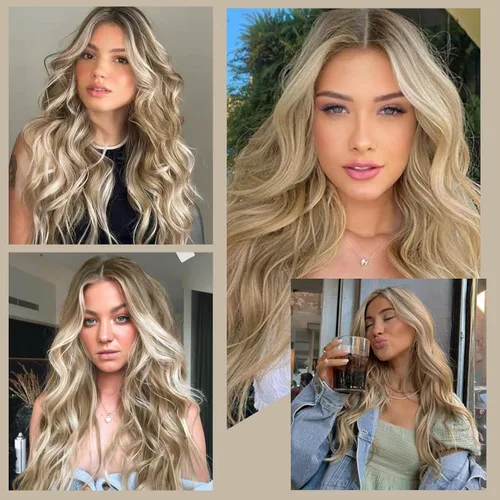 Vista 6 de Extensión de cabello con clip, de 20 pulgadas, mezcla de rubio ceniza y rubio decolorado, 6 piezas, extensiones de cabello largo ondulado y rizado