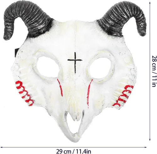 Vista 5 de ABOOFAN Máscara de cabra, máscara de calavera de animal, máscara de cabeza de cuerno de carnero, máscara de Halloween, fiesta de máscaras, cosplay