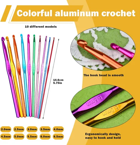 Vista 4 de Pnytty Juego completo de ganchos de ganchillo multicolor para principiantes, incluye 100 ganchos ergonómicos de ganchillo, agujas de tejer