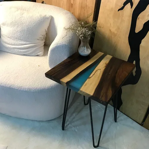 Vista 64 de Mesa de epoxi transparente, mesa de sofá con forma cuadrada, mesa auxiliar de resina de madera, mesa de centro de madera con borde natural para sala