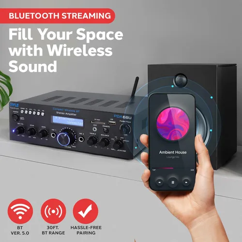 Vista 2 de Pyle PDA6BU.5 Amplificador estéreo Bluetooth compacto – Receptor de audio de escritorio con radio FM, lectores MP3/USB/SD, pantalla digital LCD