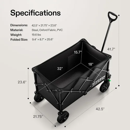 Vista 7 de Vivosun - Carrito de servicio plegable de alta resistencia para campamento, jardín, intemperie, ruedas universales y mango ajustable, negro