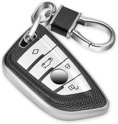 Funda para llavero BMW con llavero de cuero, forma avanzada de hoja suave, superficie de TPU suave, soporte de llavero de grano de cuero para llave