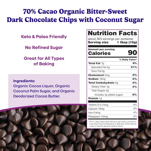 Vista 2 de Pascha Chips orgánicos para hornear con 70 % cacao, chocolate amargo negro con azúcar de coco, vegano, sin OMG, certificado Rainforest Alliance, sin